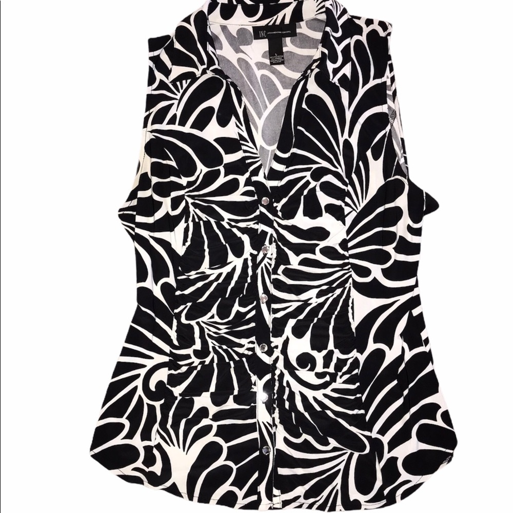 Sleeveless Black / White Top~Rhinestone Buttons
